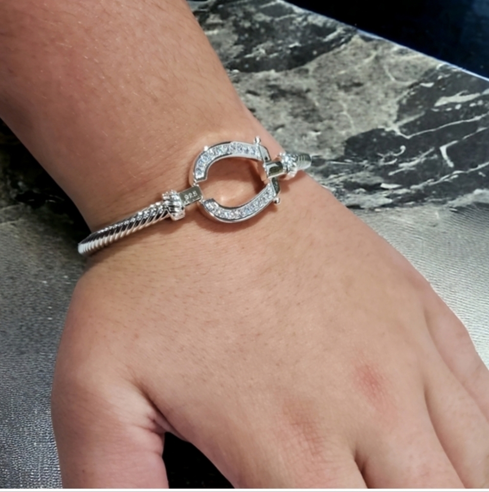 Sterling Silver 925 Horsebit Twisted Cable Zircon Crystal Luxury Bracelet - Picture 4 of 5